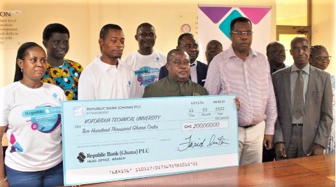 Management of the Koforidua Technical University and the Republic Bank during presentation of the cheque